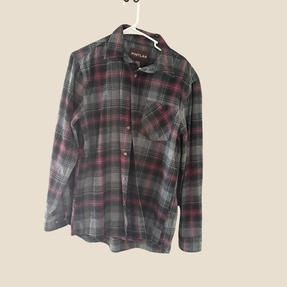 Pintlar Mens Grey Burgundy Plaid Long Sleeve Flannel Button Down Shirt Size M